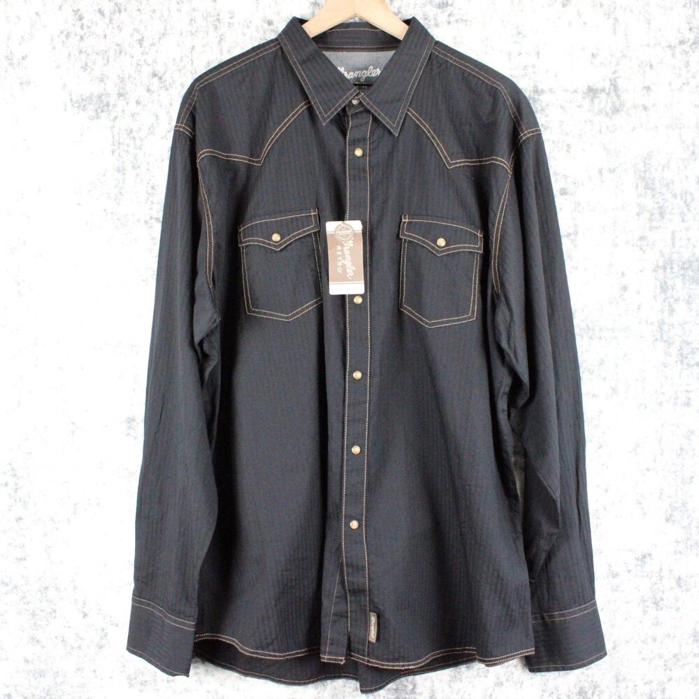 Wrangler Retro Premium Pearl Snap Shirt Western Mens 2XL Black LongSleeve Pocket